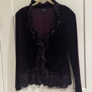 MSK Velvet Ruffle-Front Cardigan - Deep Plum